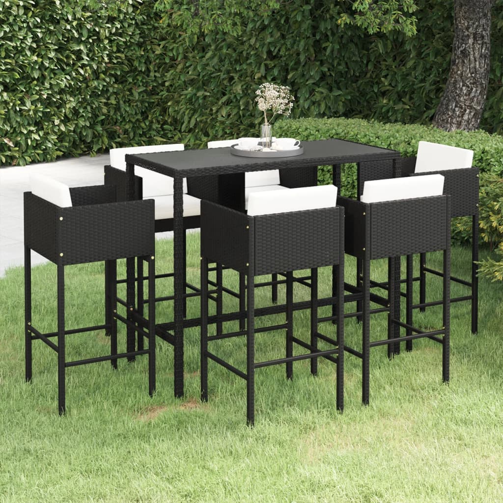 vidaXL Set mobilier bar de grădină cu perne, 7 piese, negru, poliratan