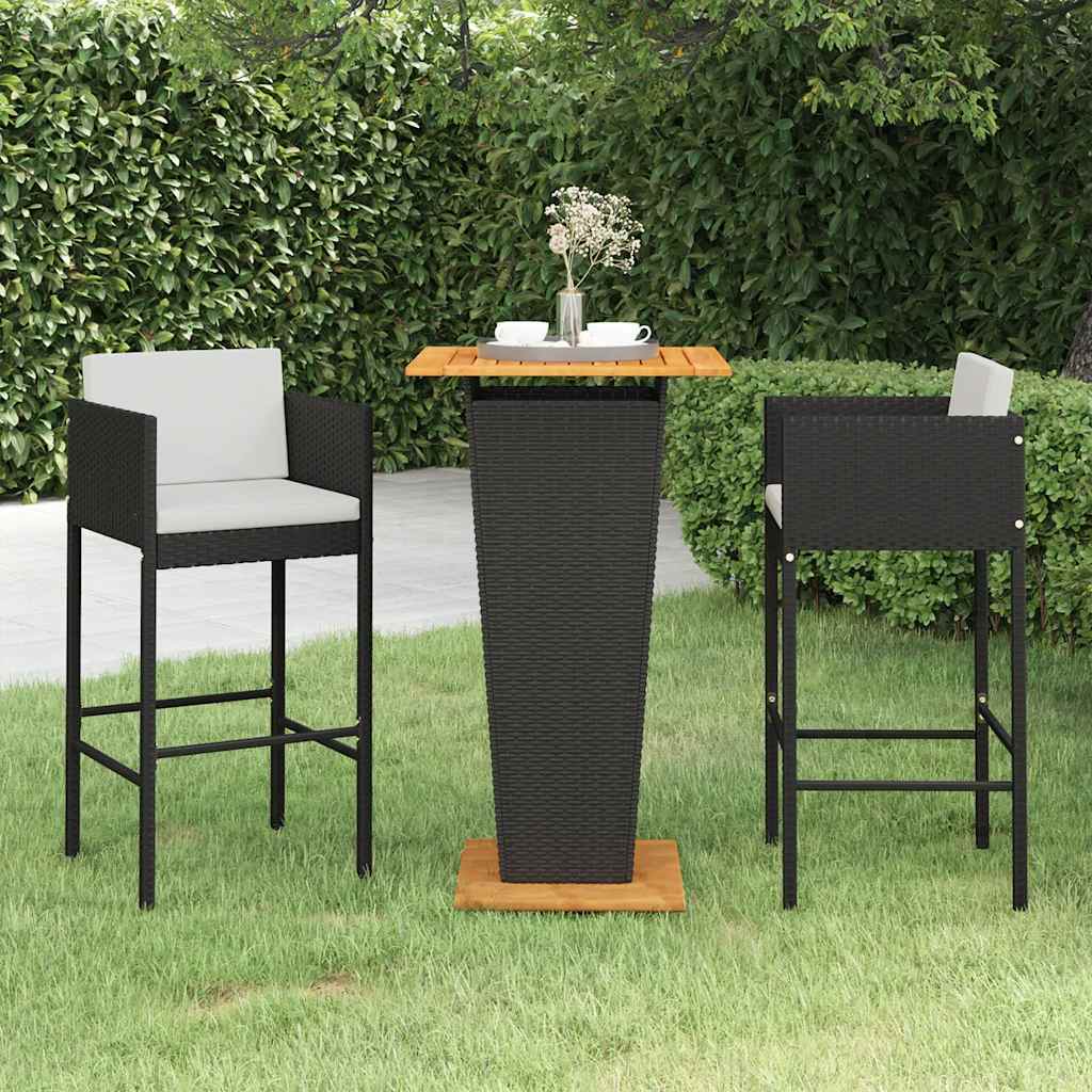 vida XL 3-tlg. Gartenbar-Set mit Kissen Poly Rattan Schwarz