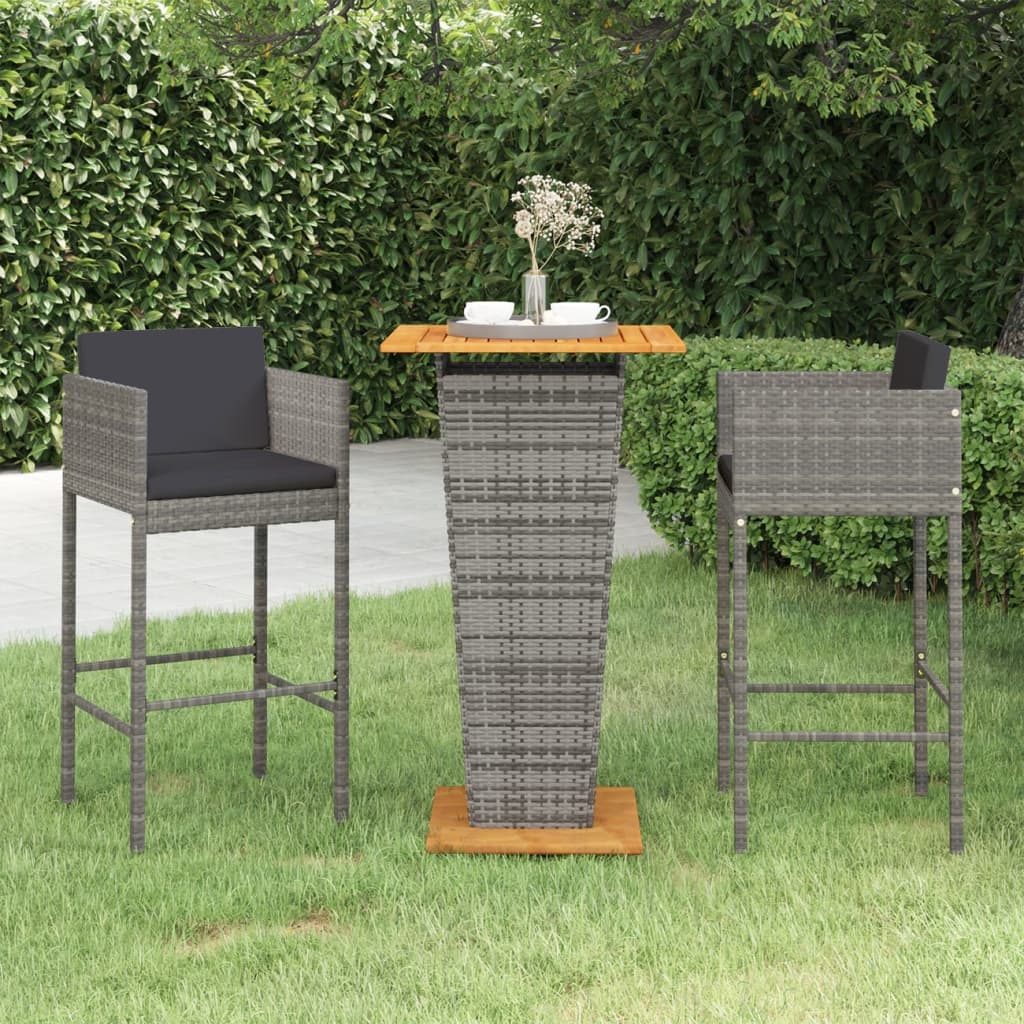 vida XL 3-tlg. Gartenbar-Set mit Kissen Poly Rattan Grau