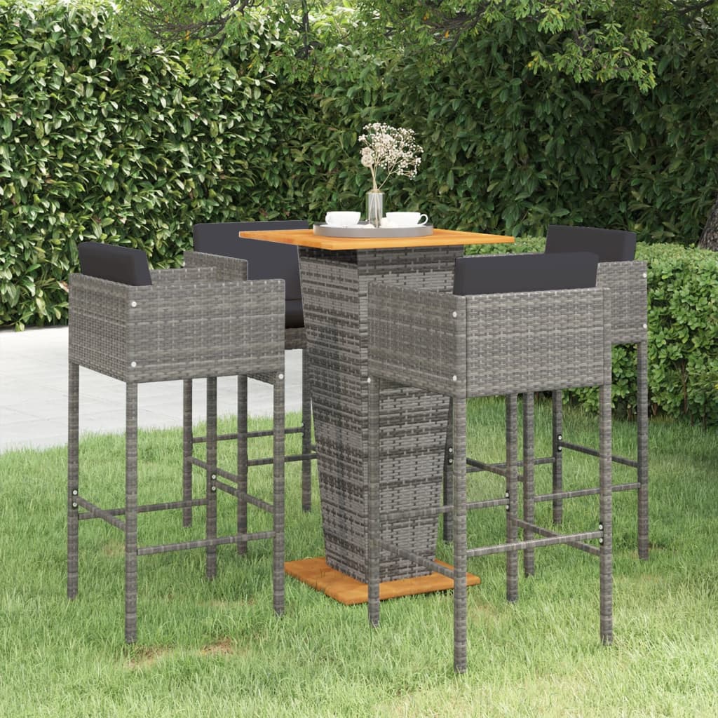 Set mobilier bar de grădină cu perne, 5 piese, gri, poliratan