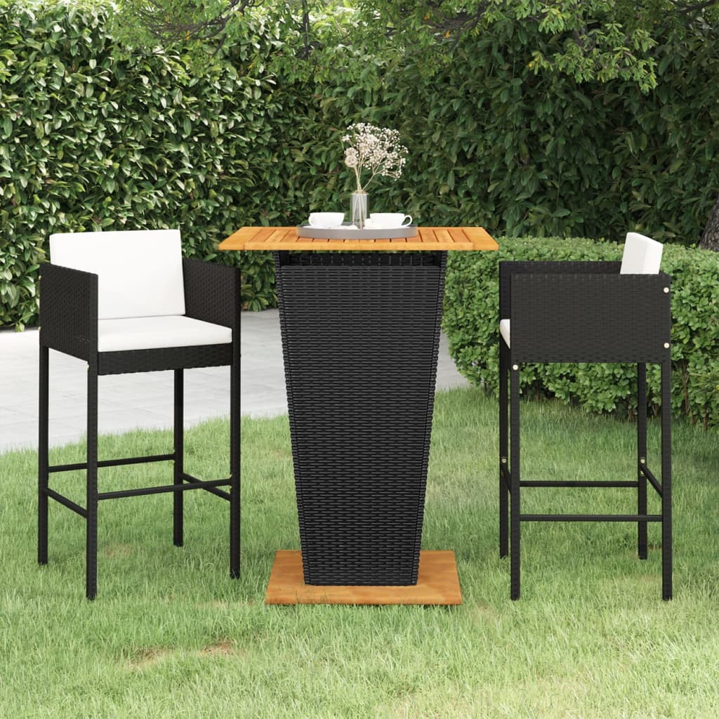 Ensemble de bar de jardin 3 pcs et coussins Résine tressée Noir