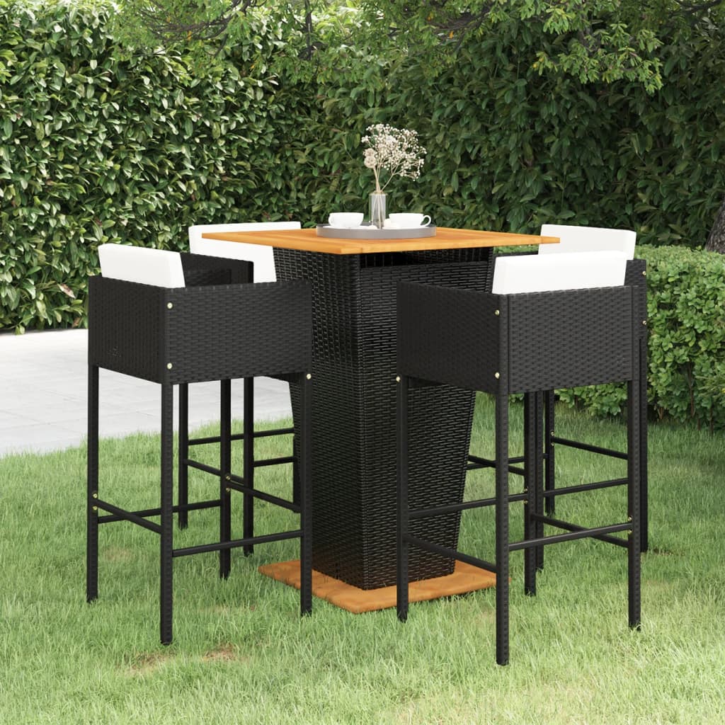 Ensemble de bar de jardin 5 pcs et coussins Résine tressée Noir