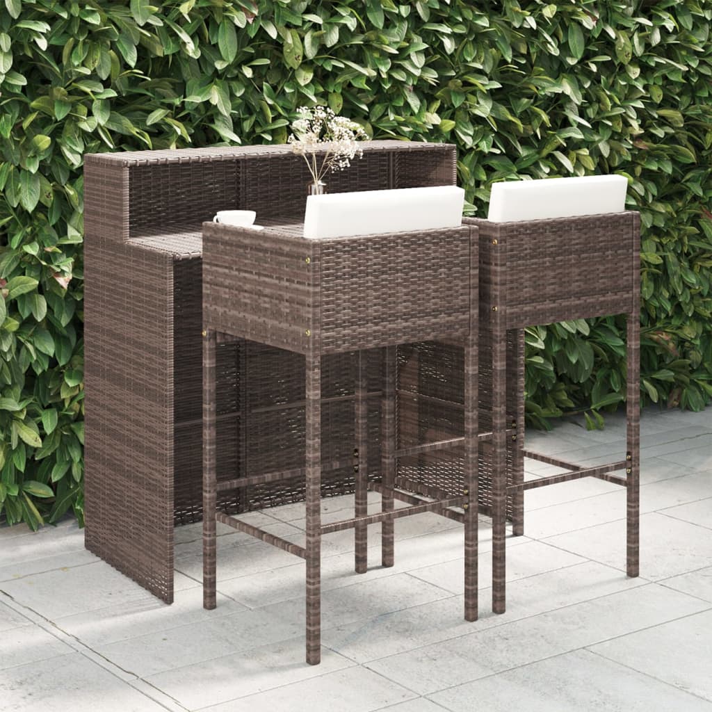 vidaXL 3-tlg. Gartenbar-Set mit Kissen Poly Rattan Braun