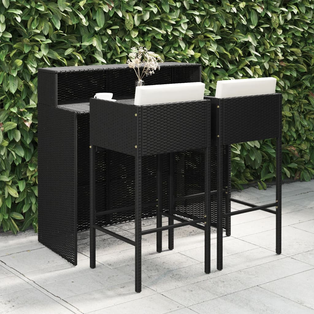 Ensemble de bar de jardin 3 pcs et coussins Résine tressée Noir