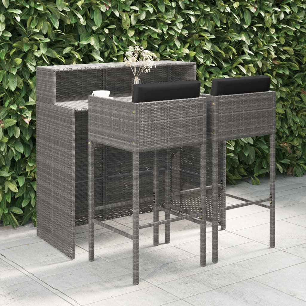 vidaXL 3-tlg. Gartenbar-Set mit Kissen Poly Rattan Grau