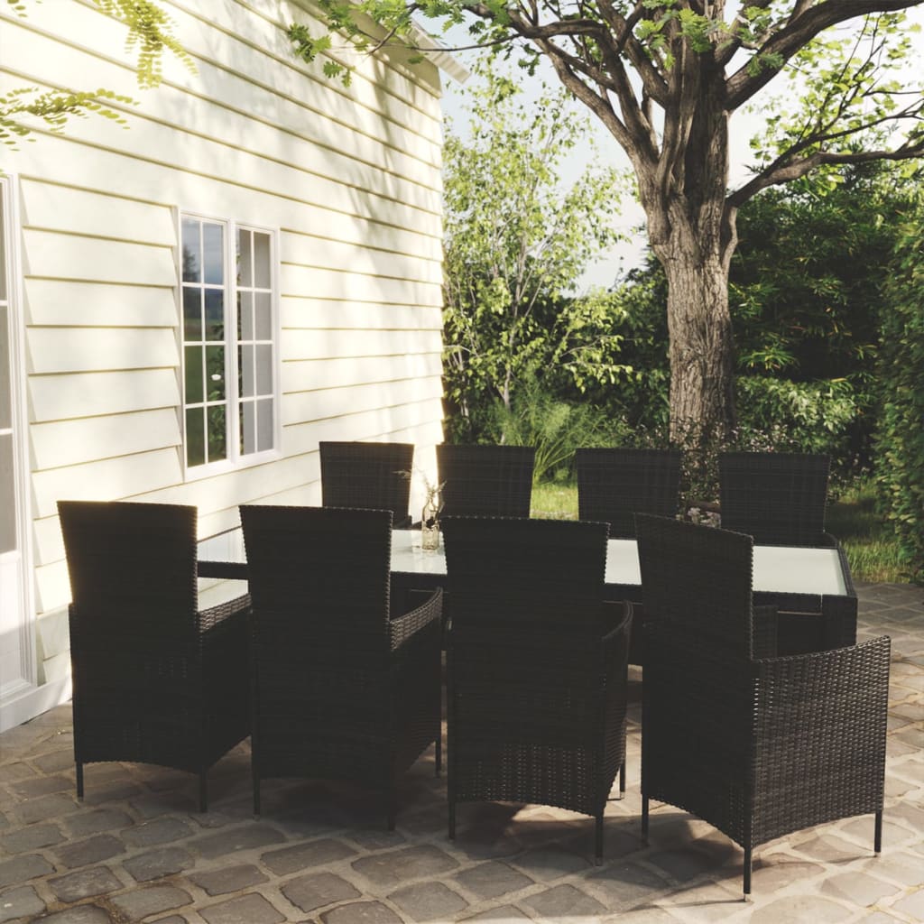 vidaXL 9-tlg. Garten-Essgruppe mit Kissen Poly Rattan Schwarz