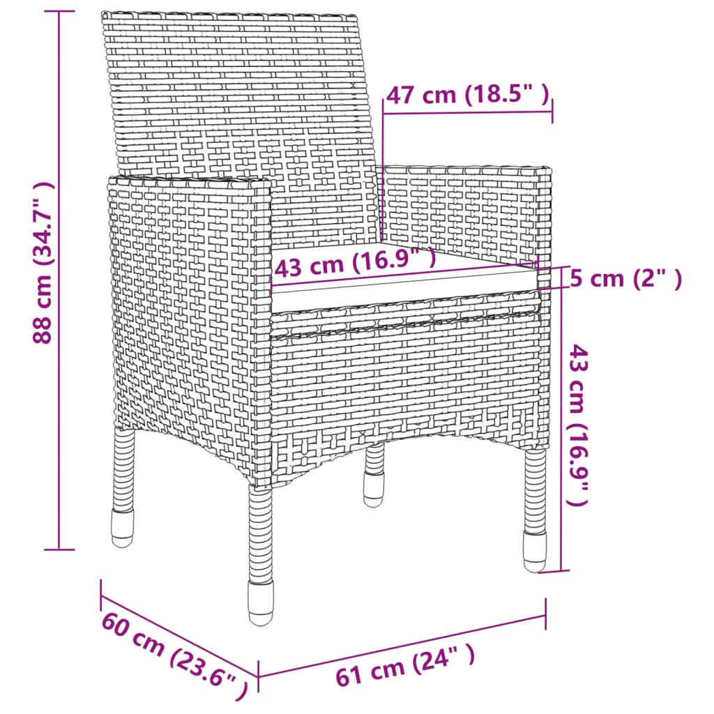 7 részes fekete polyrattan kültéri étkezőszett párnákkal