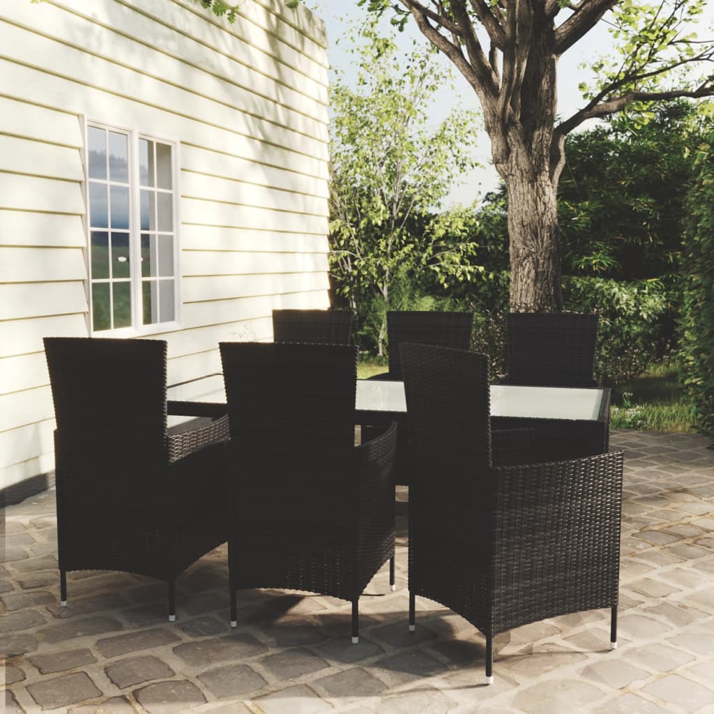 vida XL 7-tlg. Garten-Essgruppe mit Auflagen Poly Rattan Schwarz
