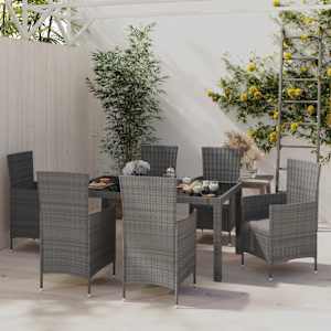 Zunanja jedilna garnitura z blazinami 7-delna poli ratan siva