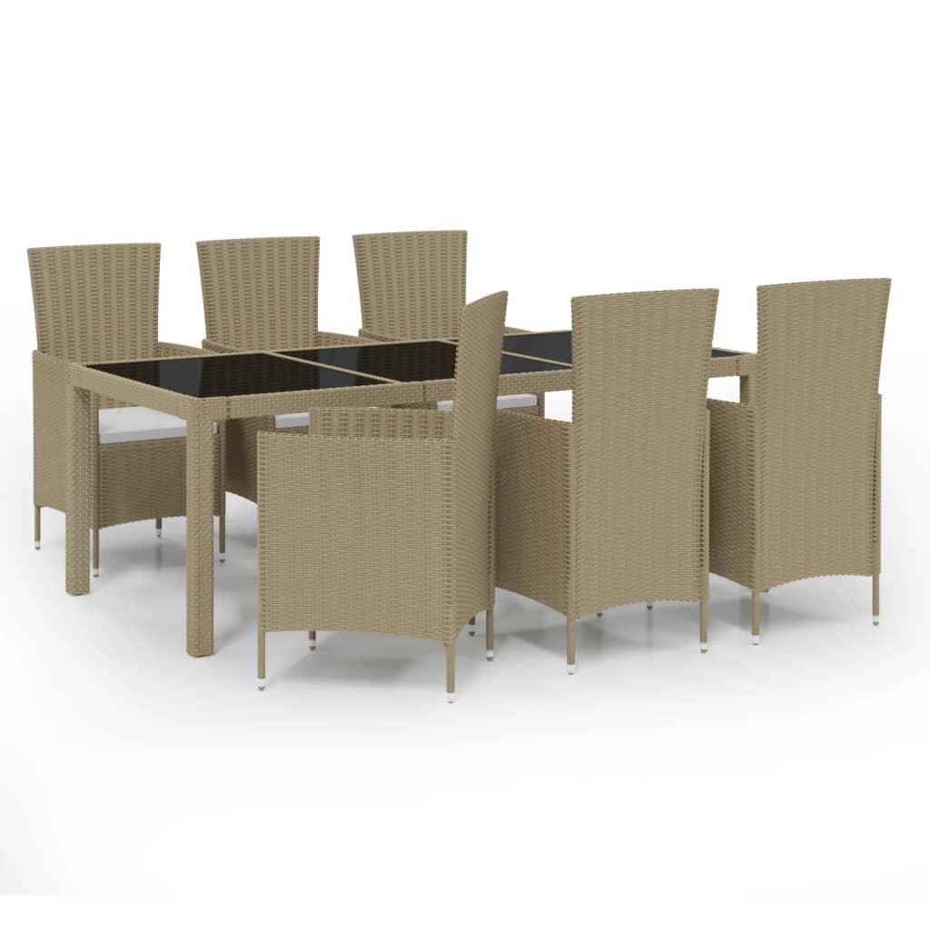 Image of vidaXL 7 Piece Outdoor Dining Set with Cushions Poly Rattan Beige