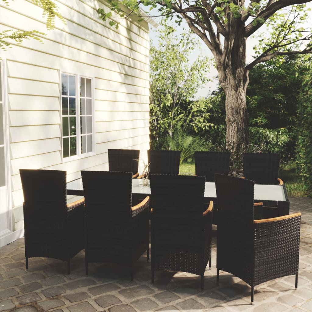 vidaXL 9-tlg. Garten-Essgruppe mit Kissen Poly Rattan Schwarz