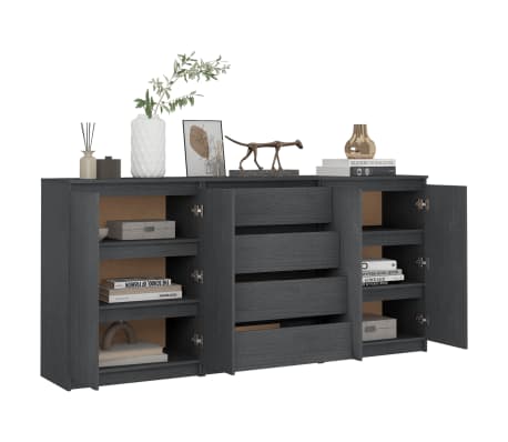 vidaXL &Scaron;oninės spintelės, 3vnt., pilkos, pu&scaron;ies medienos masyvas