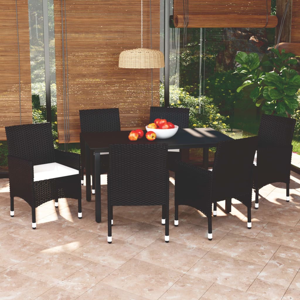 vidaXL 7-tlg. Garten-Essgruppe mit Kissen Poly Rattan Schwarz