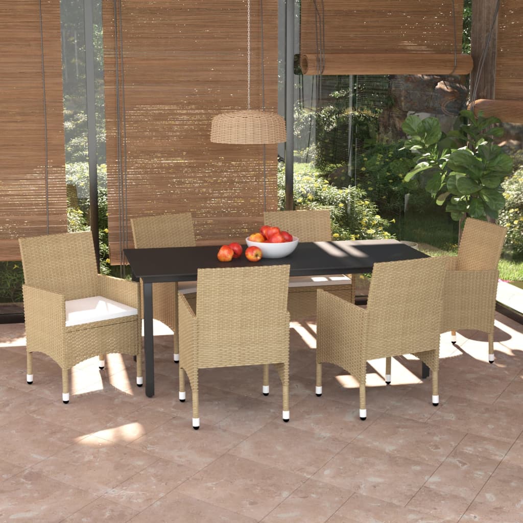 vidaXL 7-tlg. Garten-Essgruppe mit Kissen Poly Rattan Beige