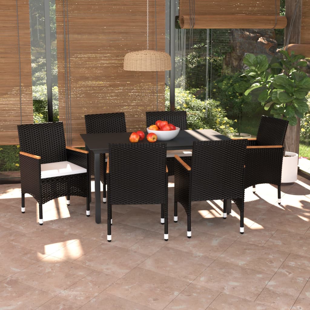 vidaXL 7-tlg. Garten-Essgruppe mit Kissen Poly Rattan Schwarz