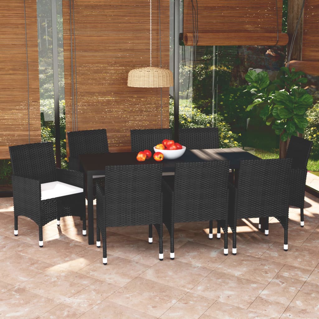 vidaXL 9-tlg. Garten-Essgruppe mit Kissen Poly Rattan Schwarz