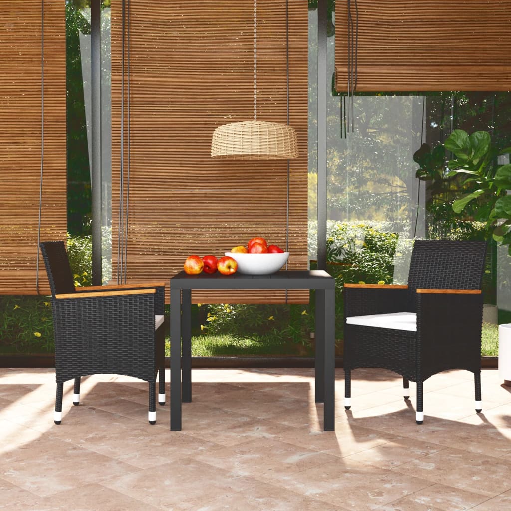 3-tlg. Garten-Essgruppe mit Kissen Poly Rattan Schwarz