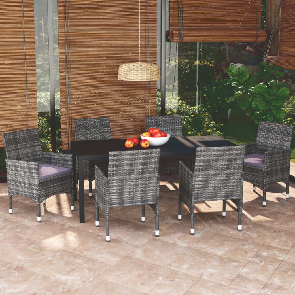 vidaXL 7-tlg. Garten-Essgruppe mit Kissen Poly Rattan Grau