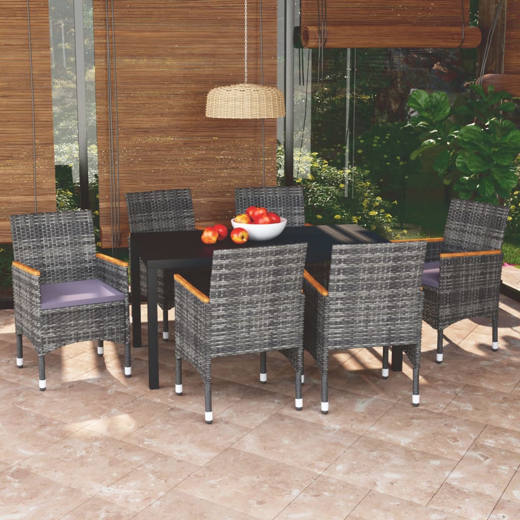 vidaXL 7-tlg. Garten-Essgruppe mit Kissen Poly Rattan Grau