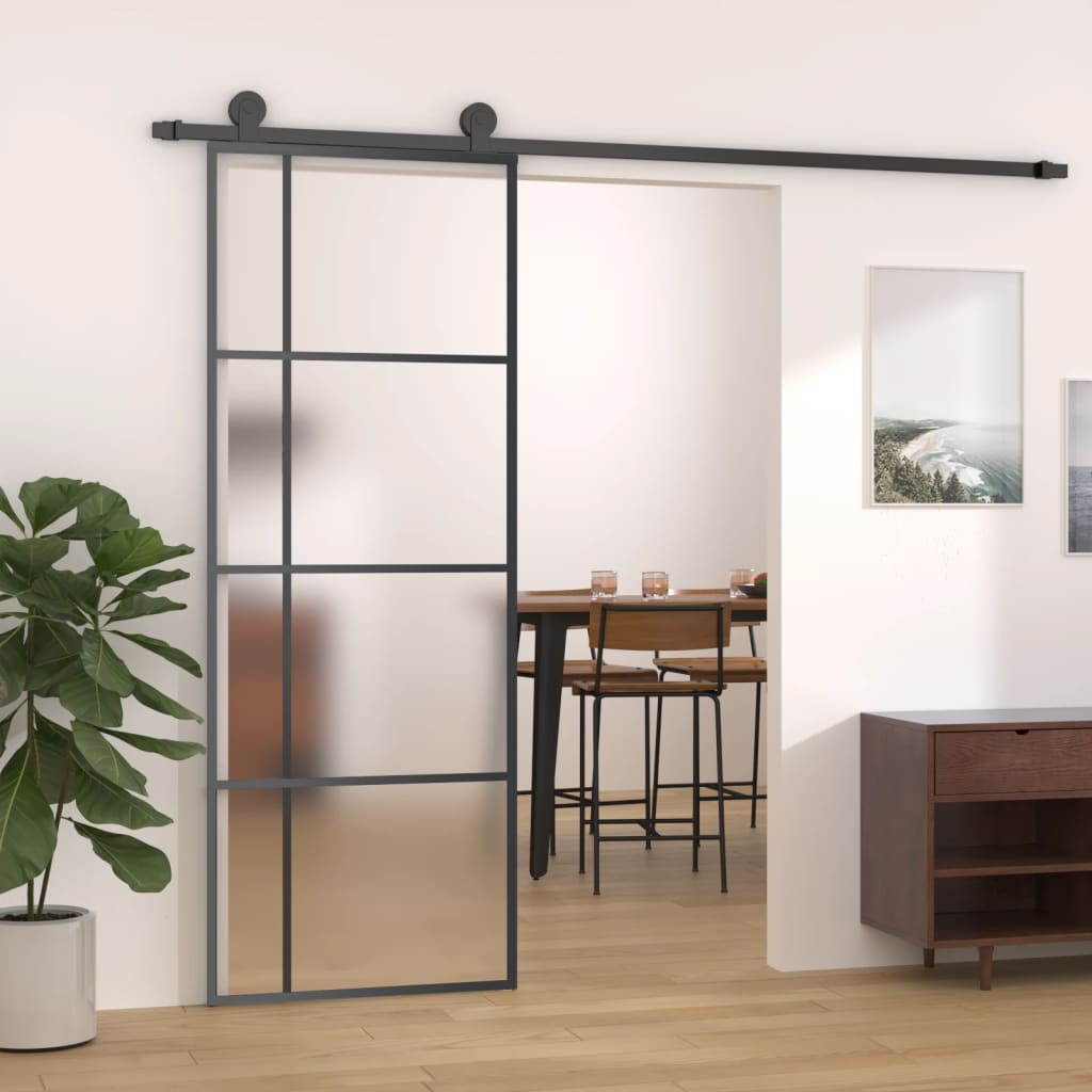 vidaXL Schiebetür ESG-Glas und Aluminium mattiert 90x205 cm Schwarz