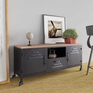 TV skříňka černá 110x30x43 cm železo a masivní jedlové dřevo - obrázek 1