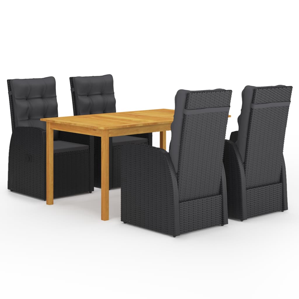 5 Piece Garden Dining Set with Cushions Black Poly Rattan
