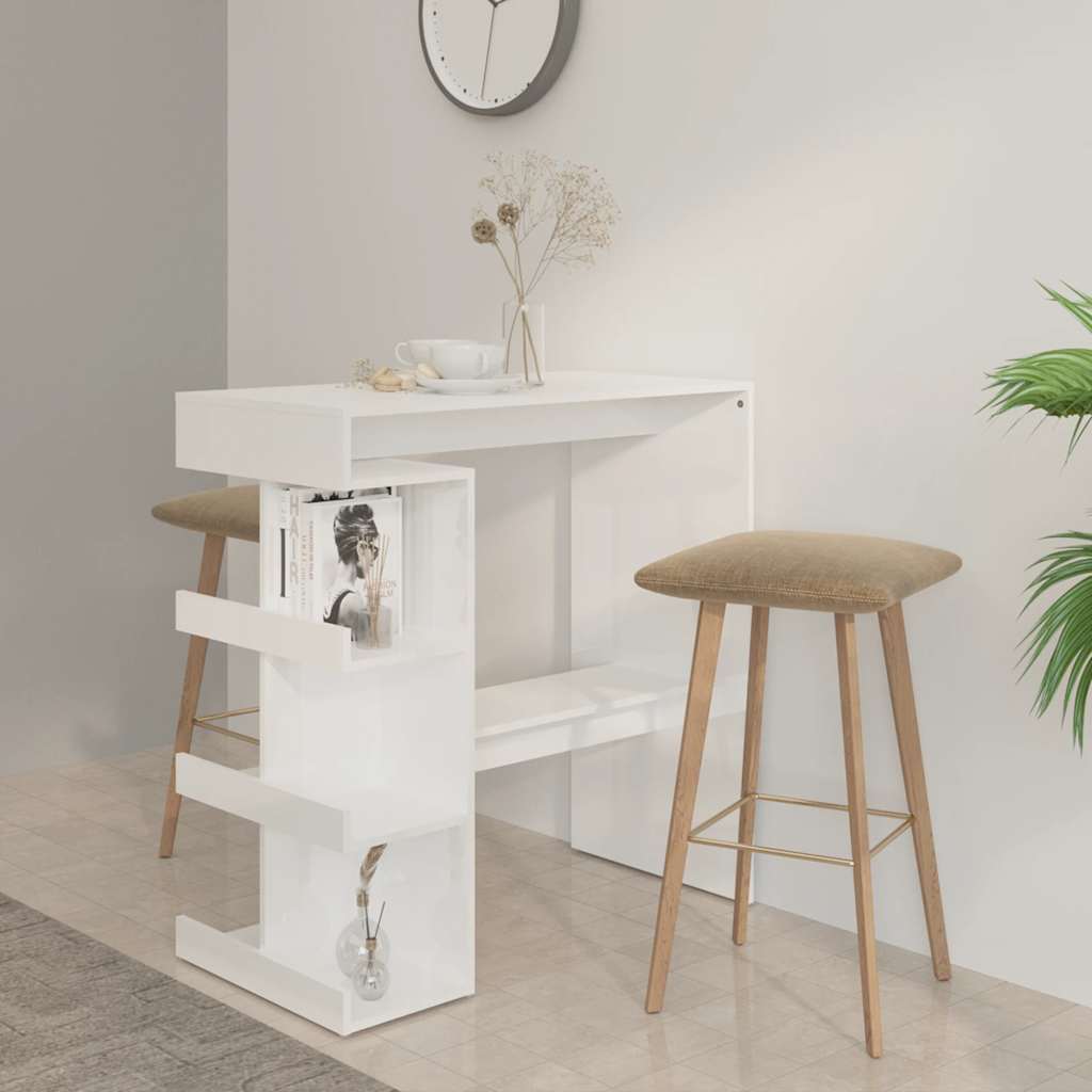 vidaXL Stolik barowy z p�kami, wysoki po�ysk, bia�y, 100x50x101,5 cm