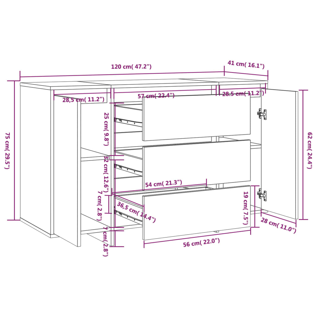 Komoda s 3 predali bela 120x41x75 cm iverna plošča