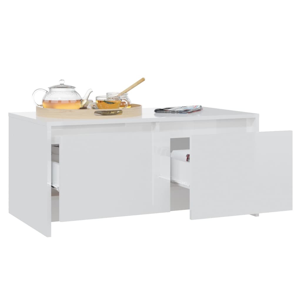 Magasfényű fehér forgácslap dohányzóasztal 90 x 50 x 41,5 cm 