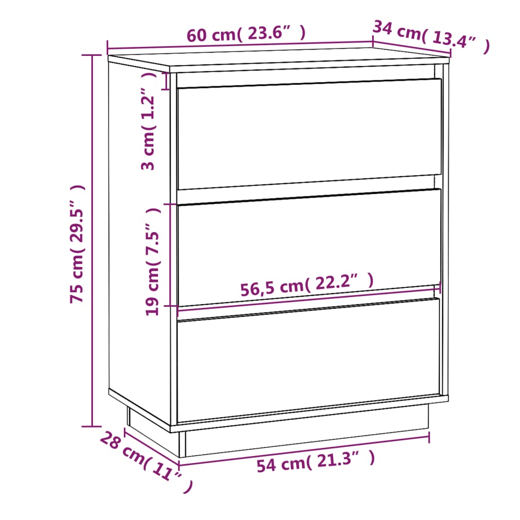 Servantă albă 60x34x75 cm din lemn masiv de pin