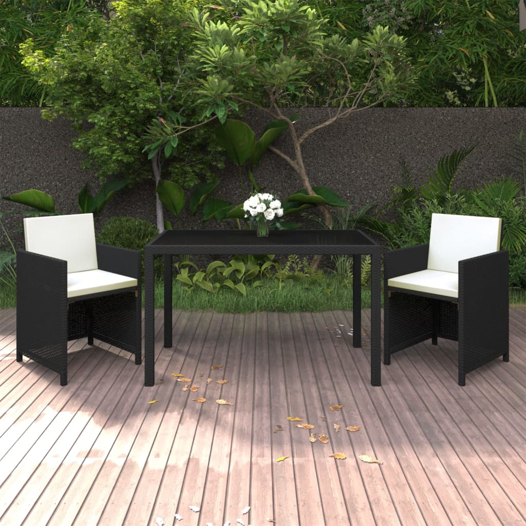 Mobilier à dîner de jardin et coussins 3pcs Résine tressée Noir