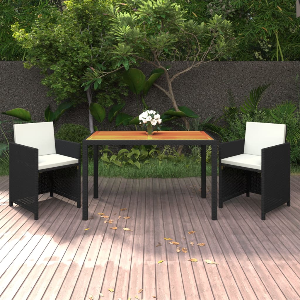 Mobilier à dîner de jardin et coussins 3pcs Résine tressée Noir