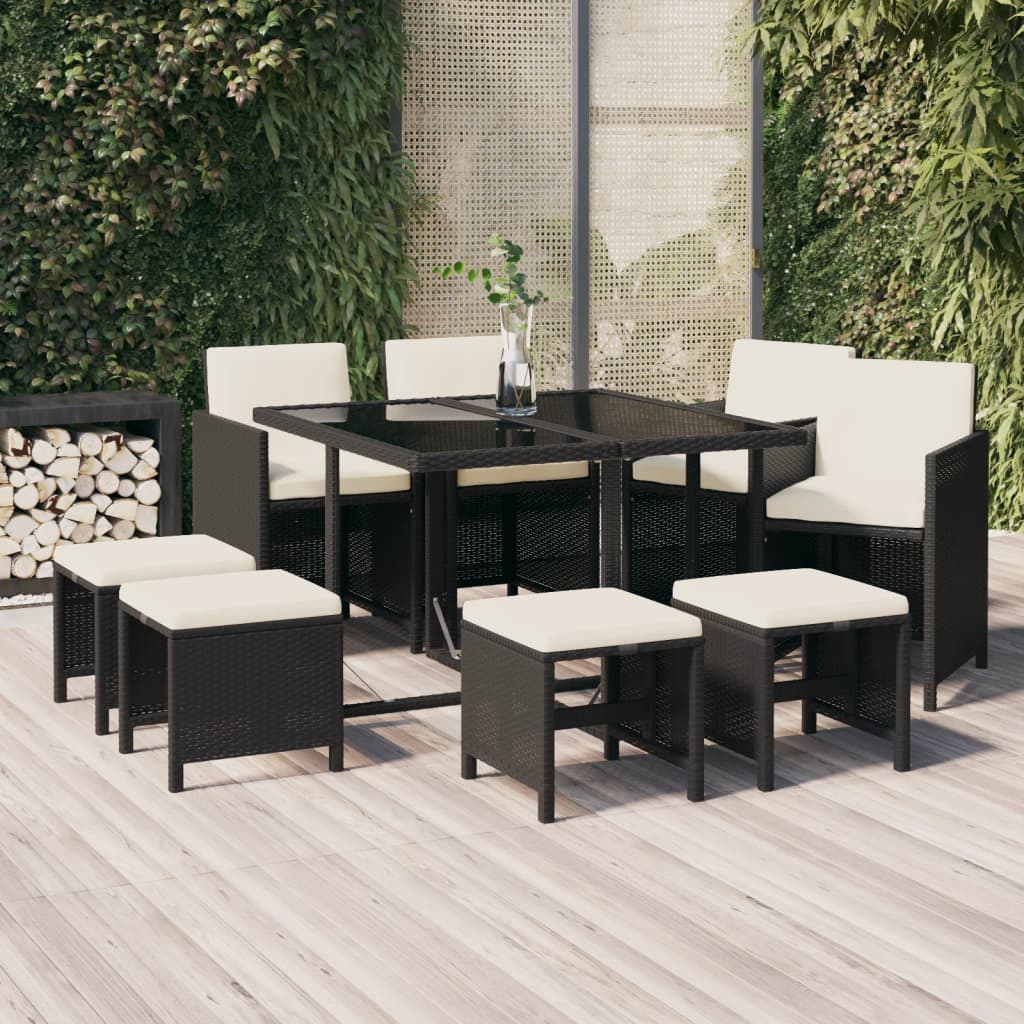 vidaXL 9-tlg. Garten-Essgruppe mit Kissen Poly Rattan Schwarz