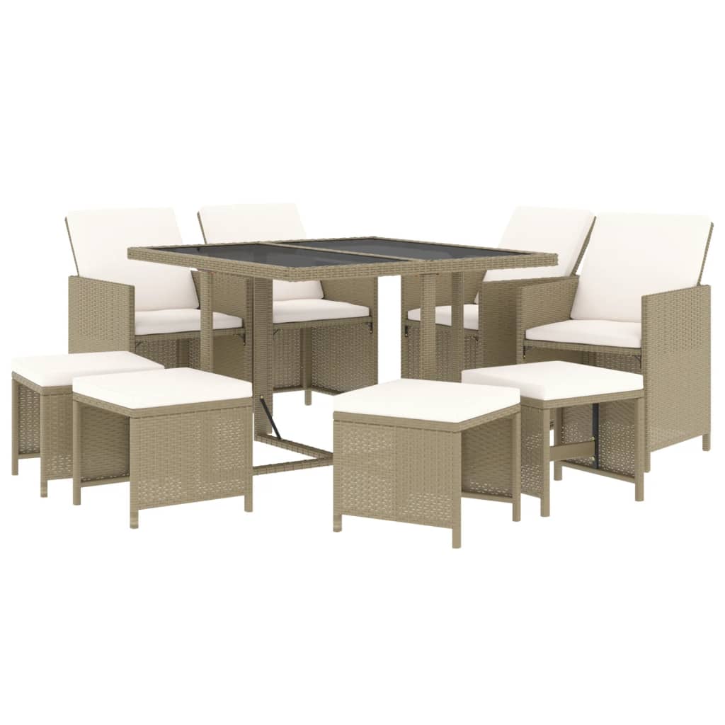 vidaXL 9 Piece Garden Dining Set with Cushions Poly Rattan Beige