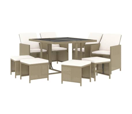 vidaXL 9 Piece Garden Dining Set with Cushions Poly Rattan Beige