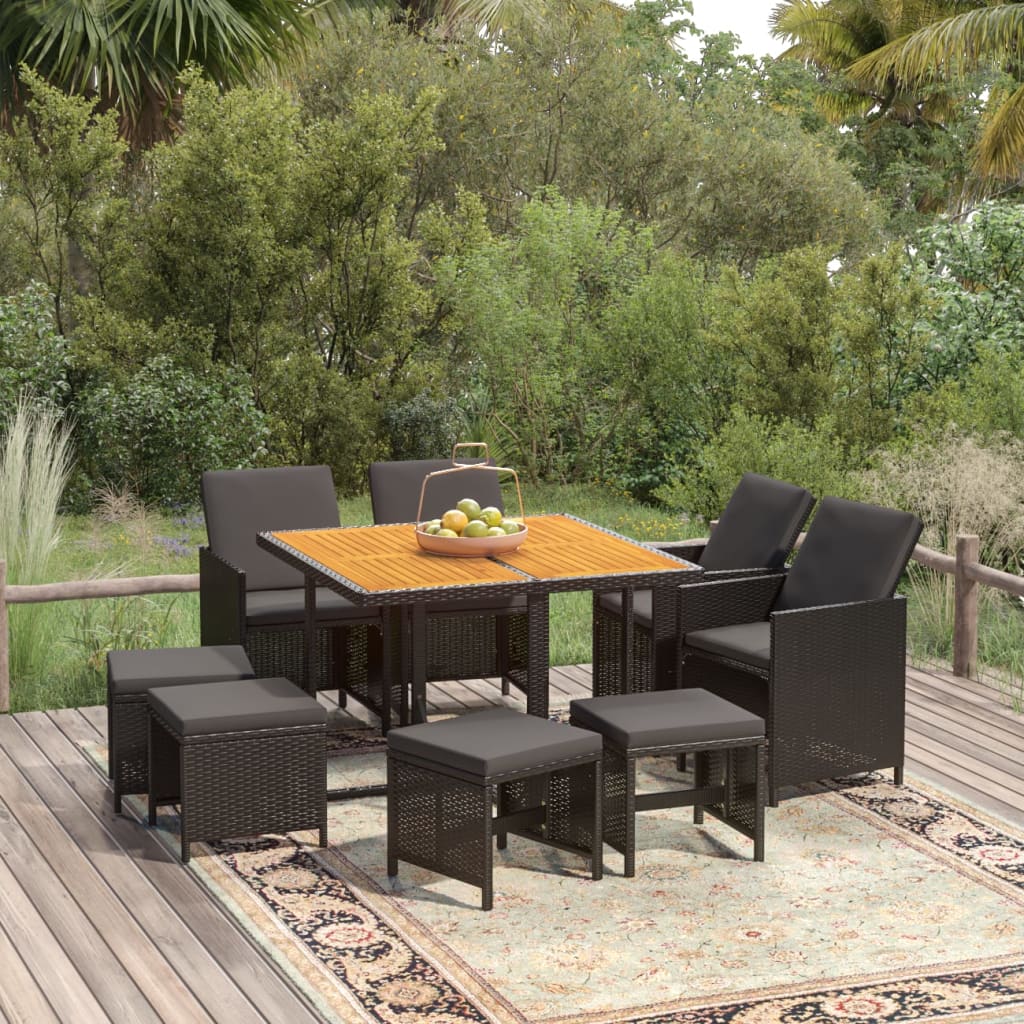 9-tlg. Garten-Essgruppe mit Kissen Poly Rattan Schwarz