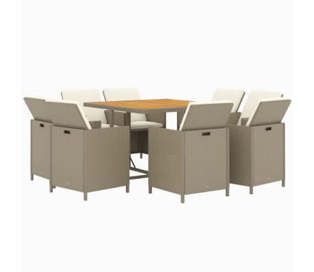 vidaXL Set da Pranzo da Giardino 9 pz con Cuscini in Polyrattan Beige