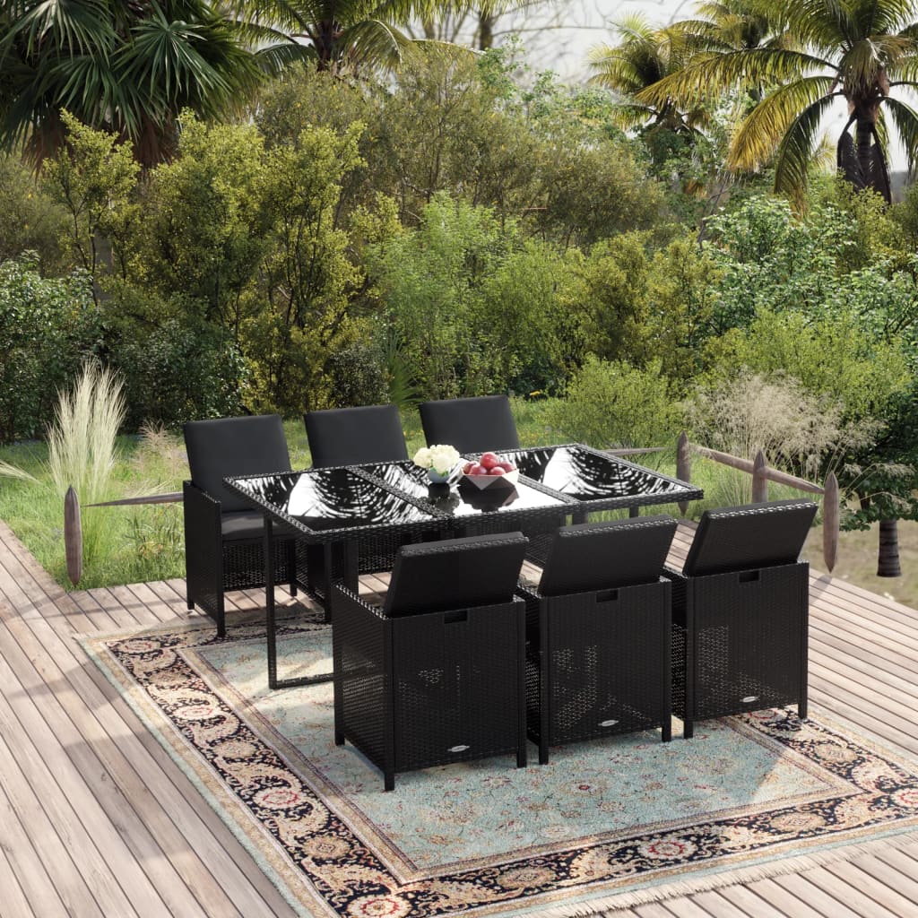 vidaXL 7-tlg. Garten-Essgruppe mit Kissen Poly Rattan Schwarz