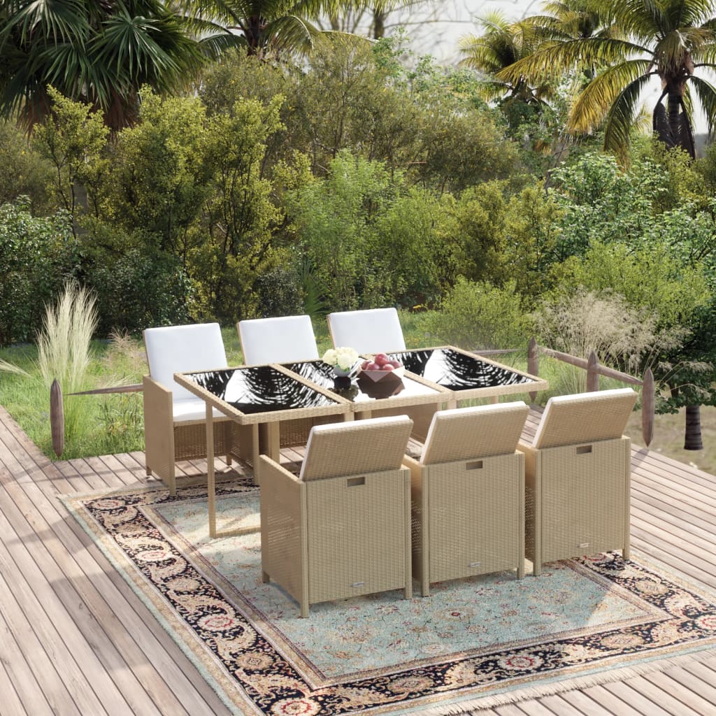 vidaXL 7-tlg. Garten-Essgruppe mit Kissen Poly Rattan Beige
