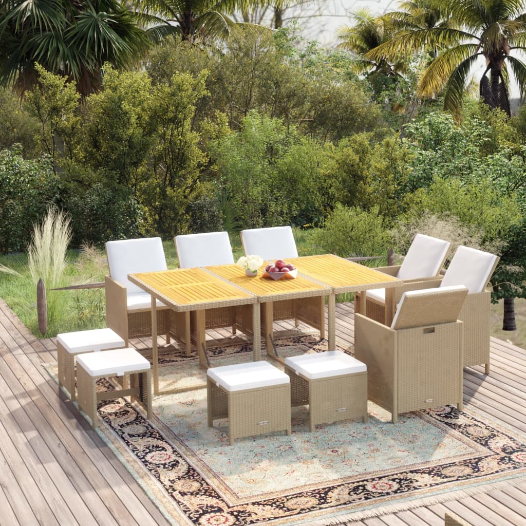 vidaXL 11-tlg. Garten-Essgruppe mit Kissen Poly Rattan Beige