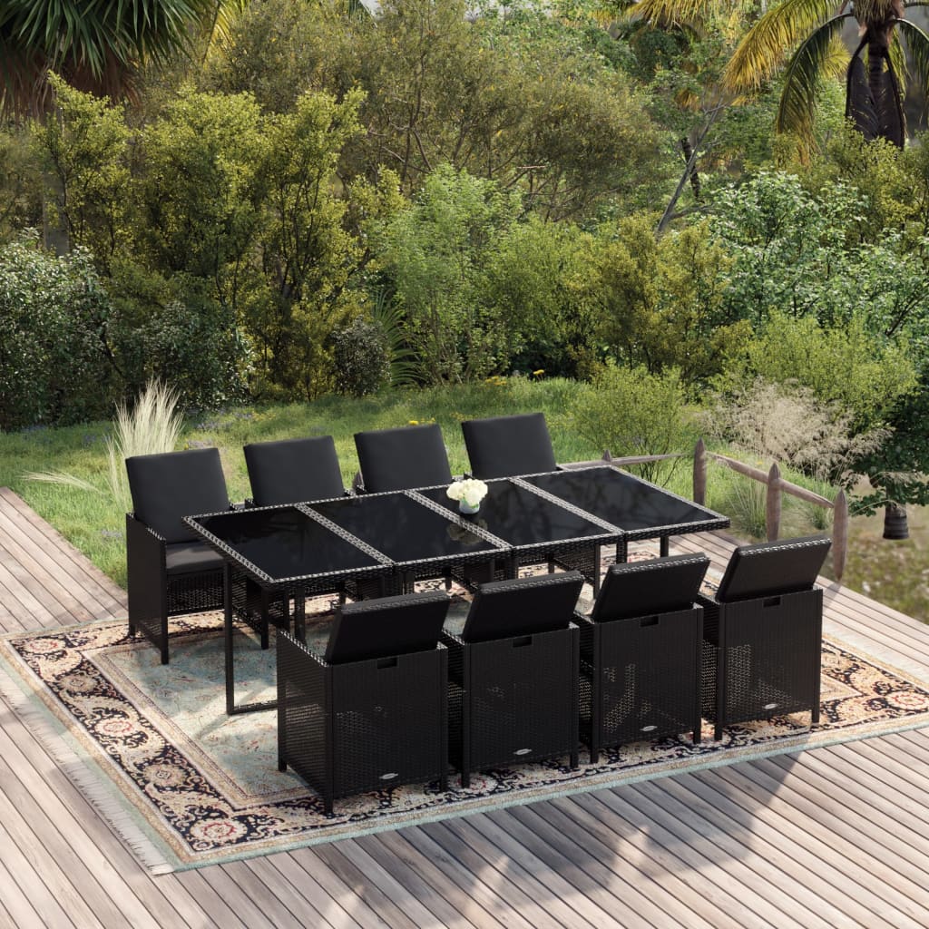vidaXL 9-tlg. Garten-Essgruppe mit Kissen Poly Rattan Schwarz