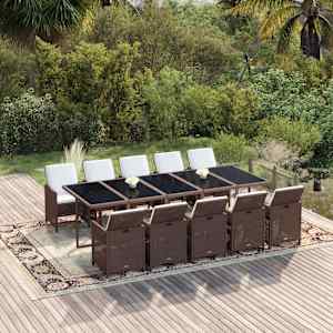 Vrtna jedilna garnitura 11-delna z blazinami poli ratan rjava