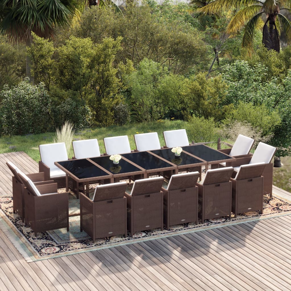 vidaXL 15-tlg. Garten-Essgruppe mit Kissen Poly Rattan Braun