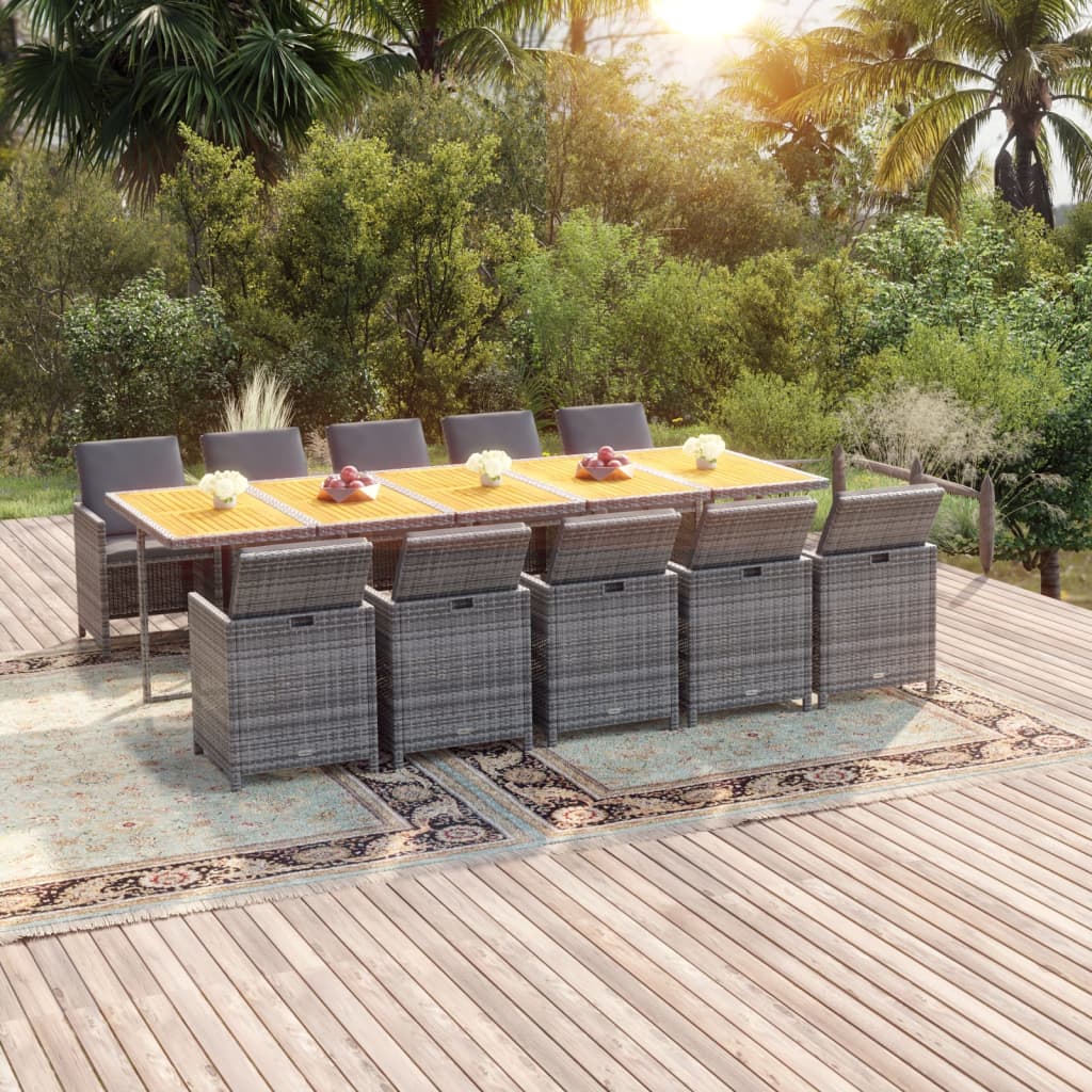 vidaXL 11-tlg. Garten-Essgruppe mit Auflagen Poly Rattan Grau
