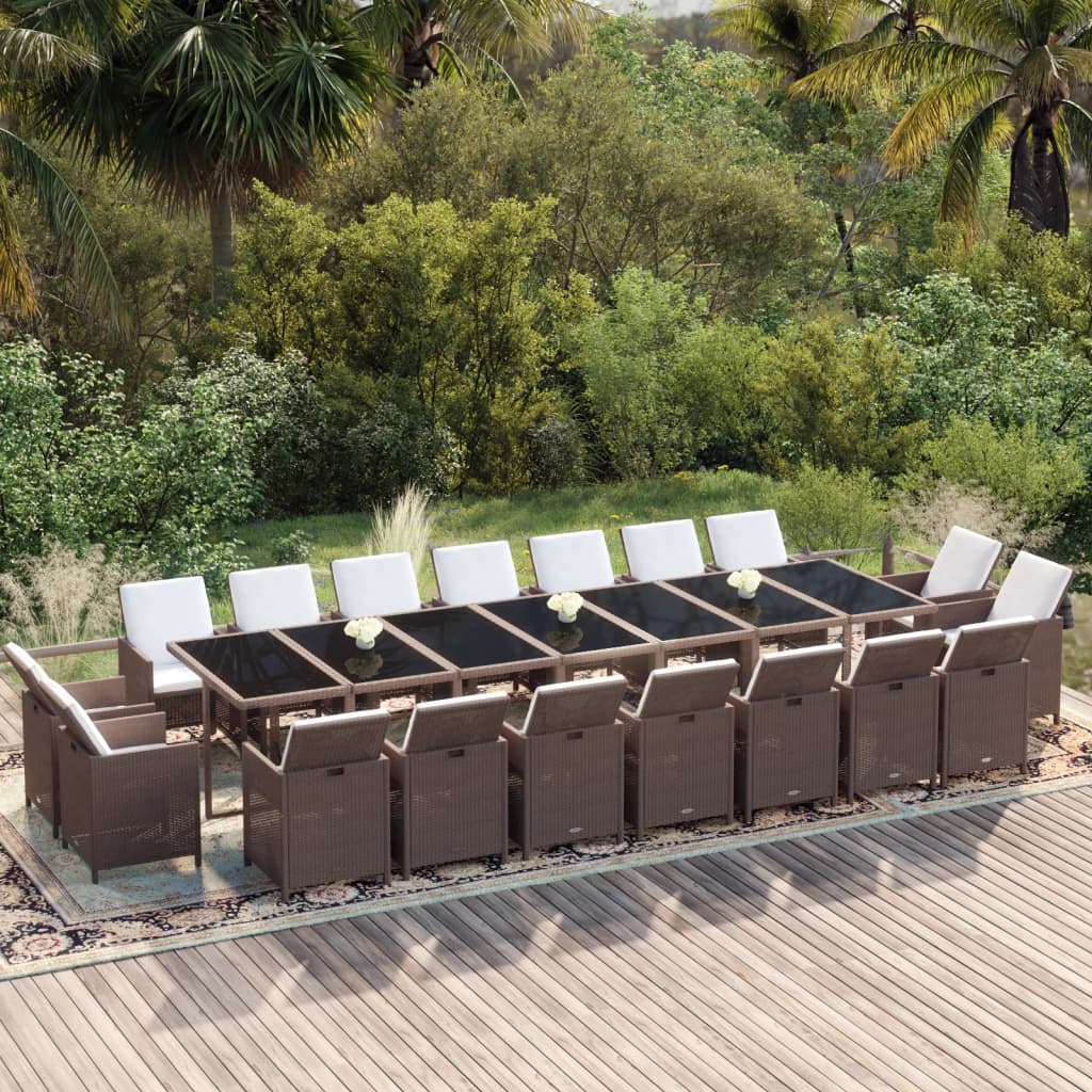 vidaXL 19 pcs conjunto jantar p/ jardim c/ almofadões vime PE castanho