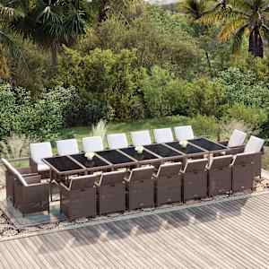 Vrtna jedilna garnitura 19-delna z blazinami poli ratan rjava