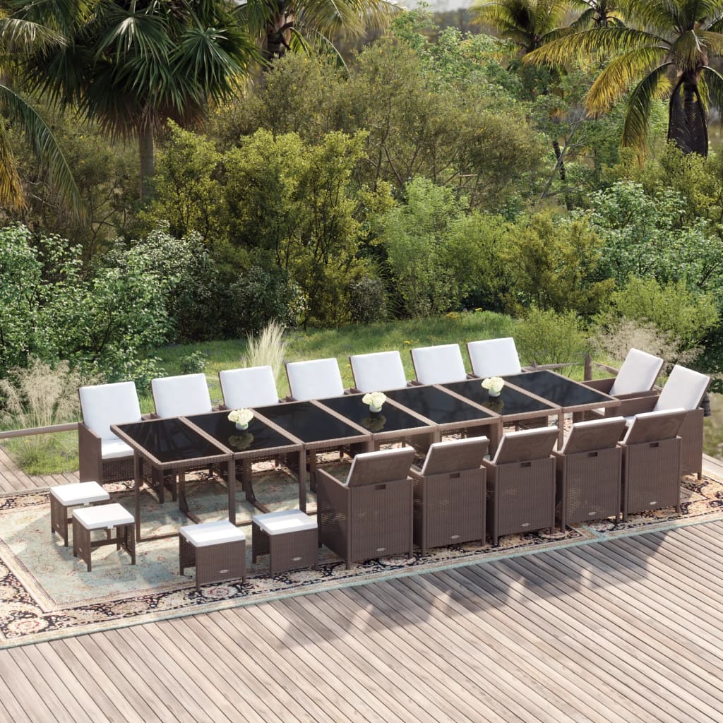 vida XL 19-tlg. Garten-Essgruppe mit Kissen Poly Rattan Braun