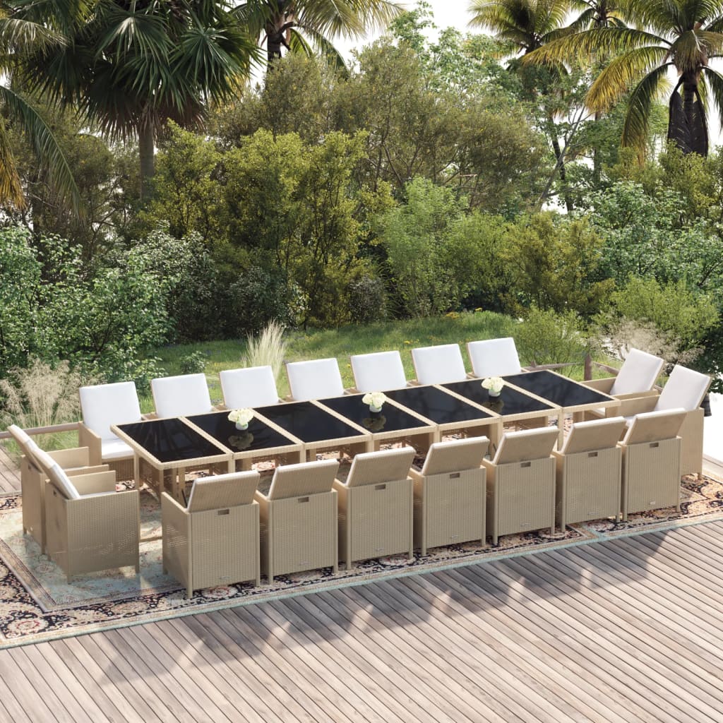 vida XL 19-tlg. Garten-Essgruppe mit Kissen Poly Rattan Beige