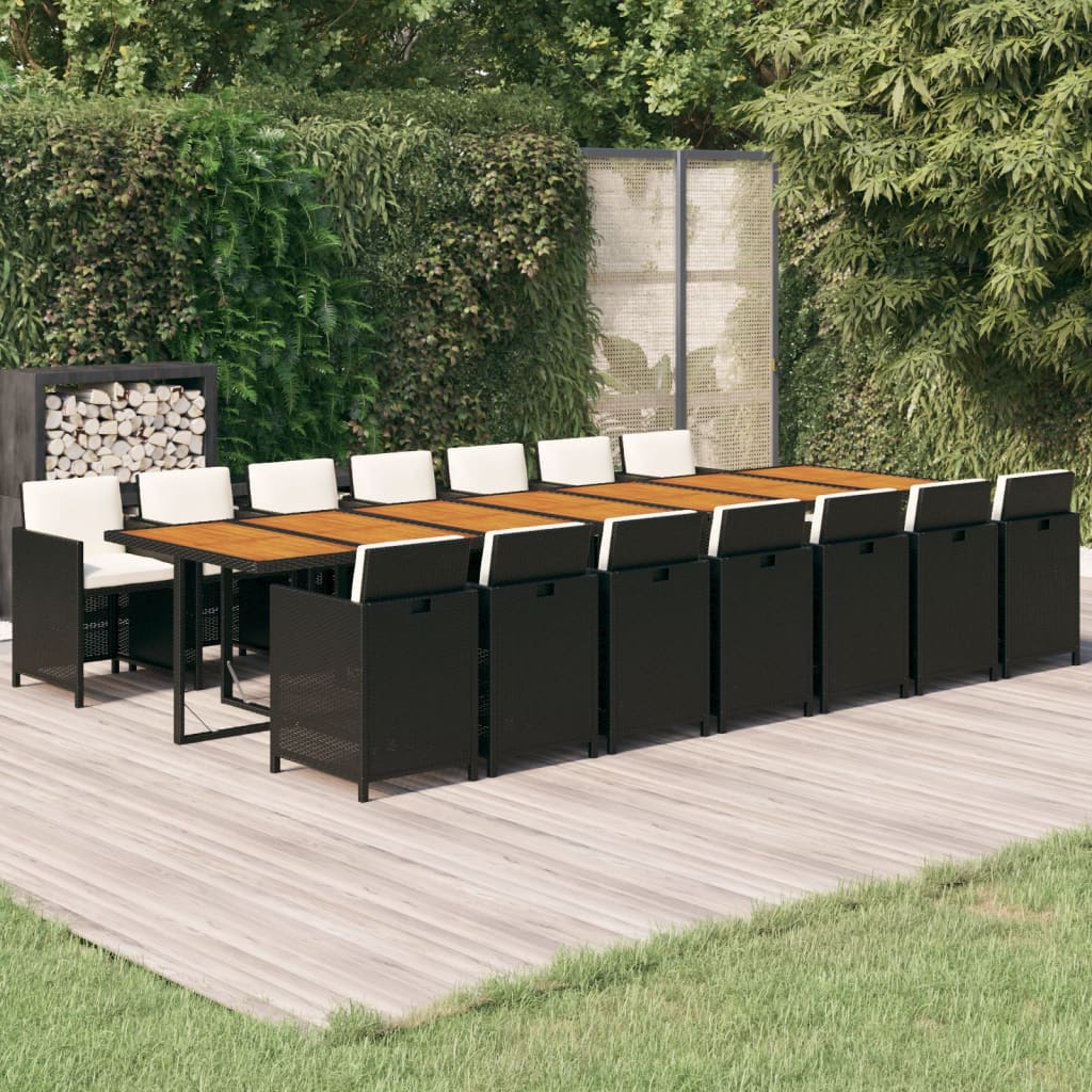 vidaXL 15-tlg. Garten-Essgruppe mit Kissen Schwarz Poly Rattan