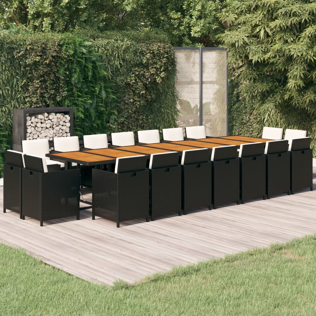 Ensemble à dîner de jardin coussins 19 pcs Noir Résine tressée